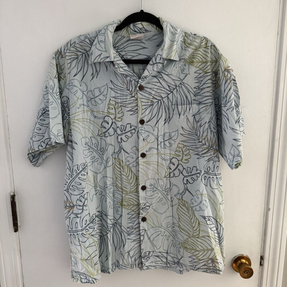 Go Barefoot Mens L Hawaiian Shirt Button Down Beach Blue / Green Relaxed Fit Top
